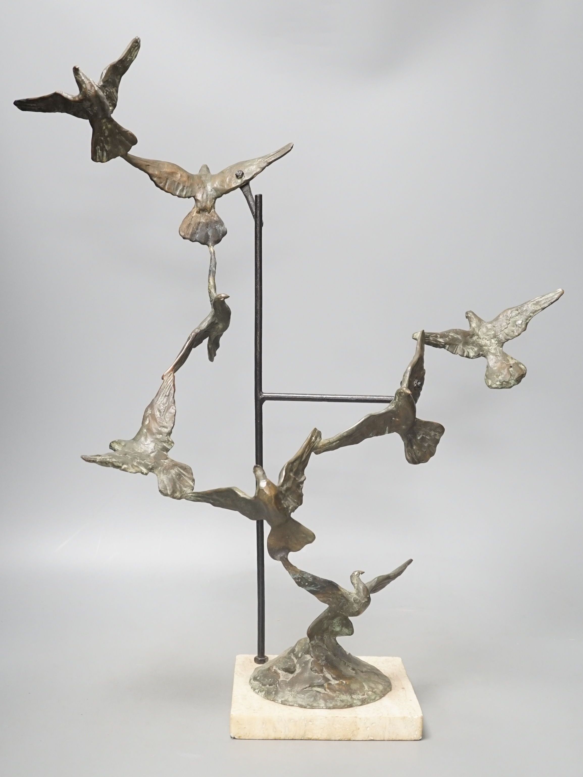 A bronze bird group, ‘Flight’ ‘97, signed Hayter, 55.5 cms high.